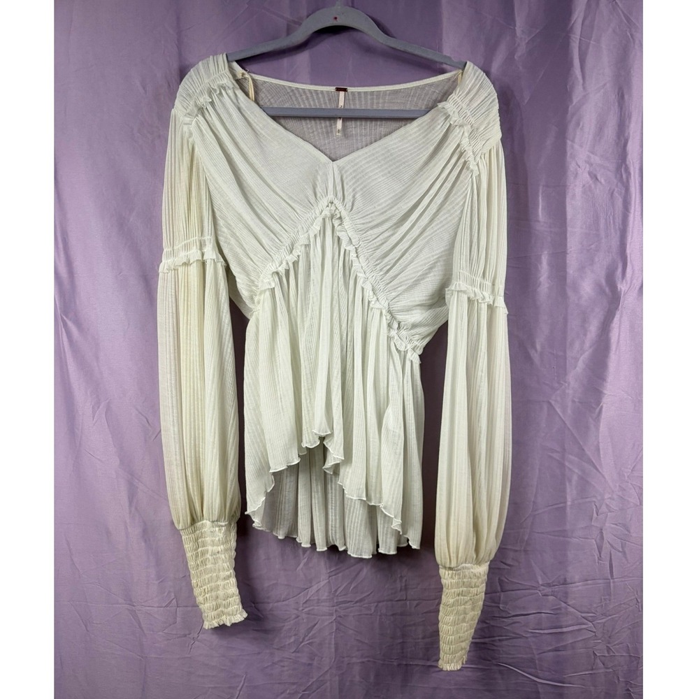 Free People White Pleated Gauze Ruffle V-Neck Blouse Bishop Sleeve Boho Top